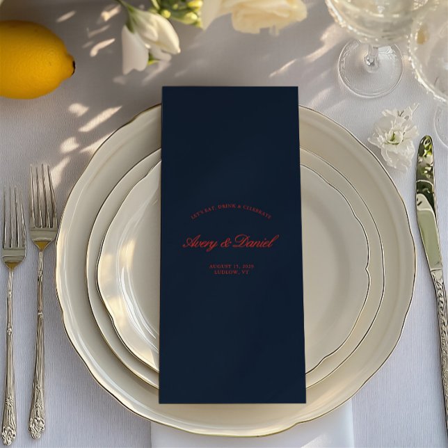 Menu Élégant Mariage rouge et noir bleu foncé (Elegant Red & Dark Black Blue Wedding Menu)
