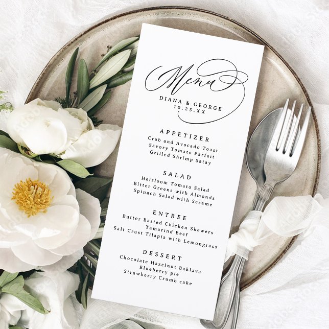Menu Élégant mariage simple écriture tourbillonnante (Elegant Swirl Script Simple Wedding Menu)