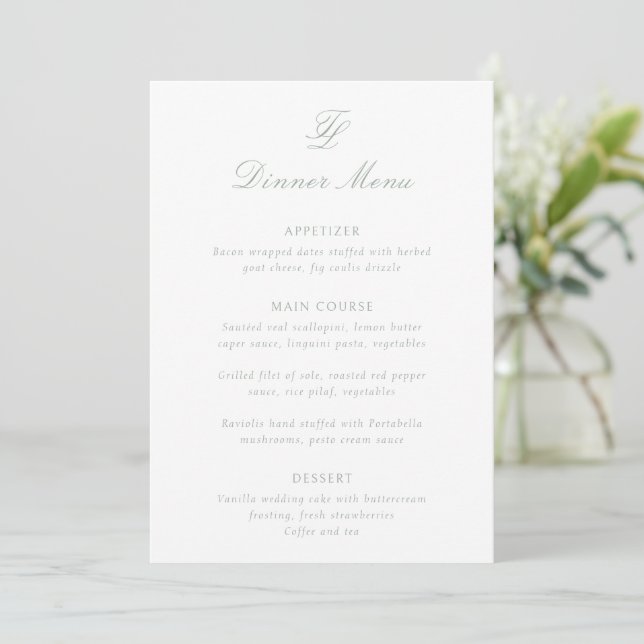 Menu Élégant Mariage traditionnel Sage Green (Debout devant)