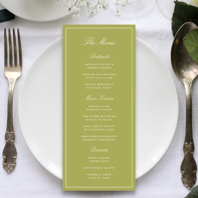 Menu Élégant Mariage Vert Olive Script (Elegant olive green wedding menus present your dining details with timeless charm.)