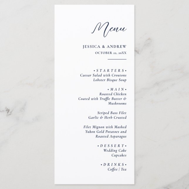 Menu Elégant Marine bleu & blanc Simple Mariage (Devant)