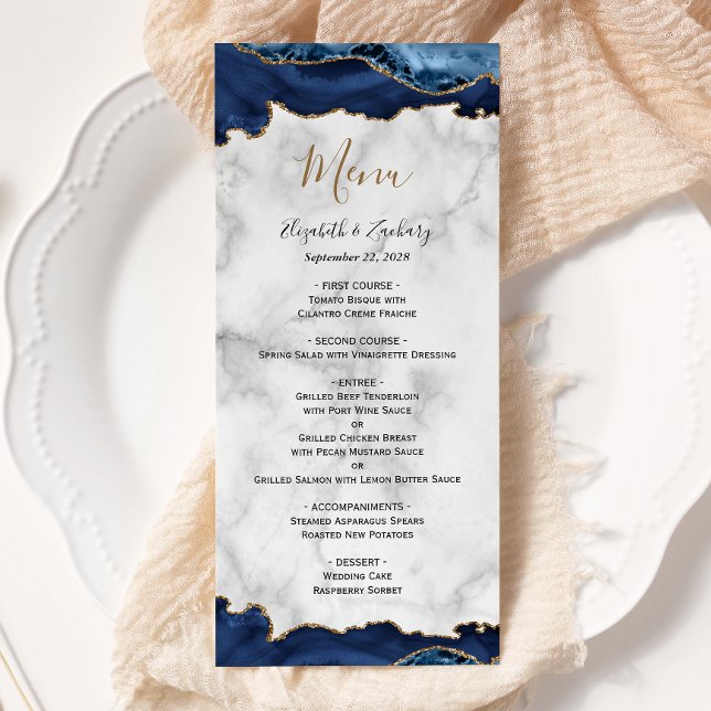 Menu Elégant Marine Blue Gold Agate Mariage en marbre (Créateur téléchargé)