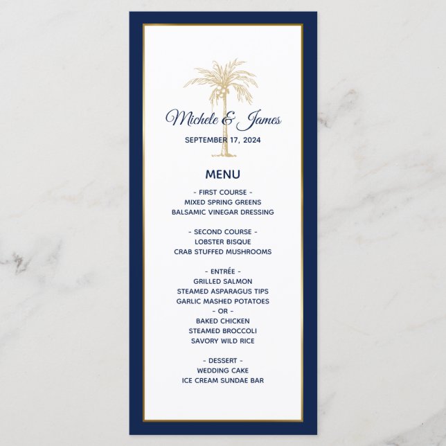 Menu Elégant Marine Blue Gold Palm Tree Mariage moderne (Devant)