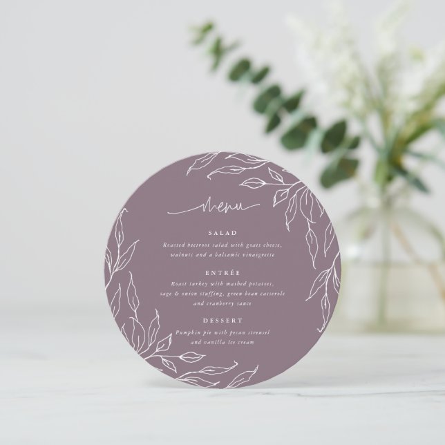 Menu Elégant Mauve Leaf Motif Thanksgiving Dîner Round (Debout devant)