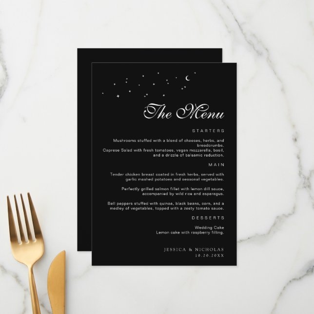 Menu Élégant minimal Celestial noir & blanc Mariage (Devant/Arrière en situation)