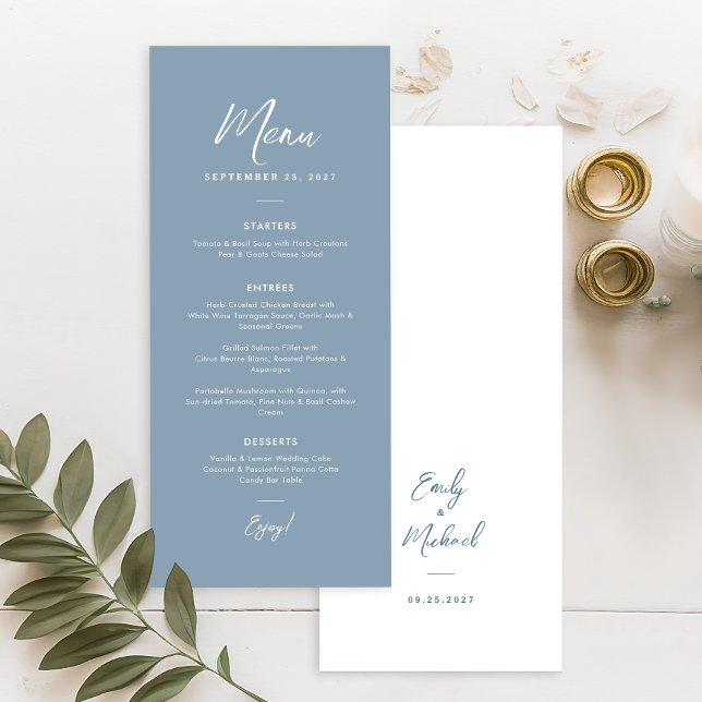 Menu Elegant Minimal Dusty Blue Script Text Wedding  (Dusty blue calligraphy wedding menu - perfect for your elegant wedding)