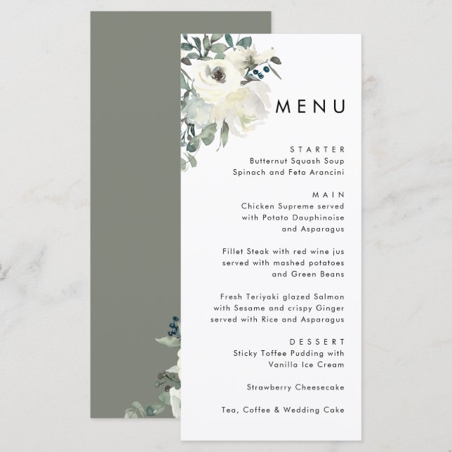 Menu Elegant Minimal Ivory Floral Olive Green Wedding  (Devant / Derrière)