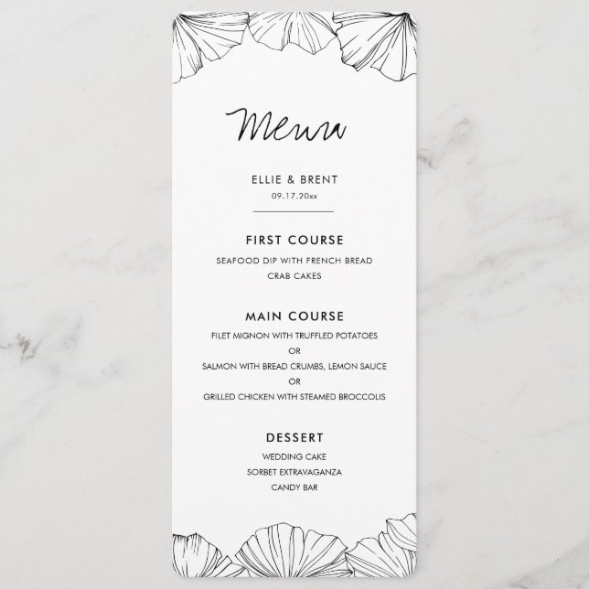 Menu Élégant minimaliste Ginkgo Biloba mariage (Devant)
