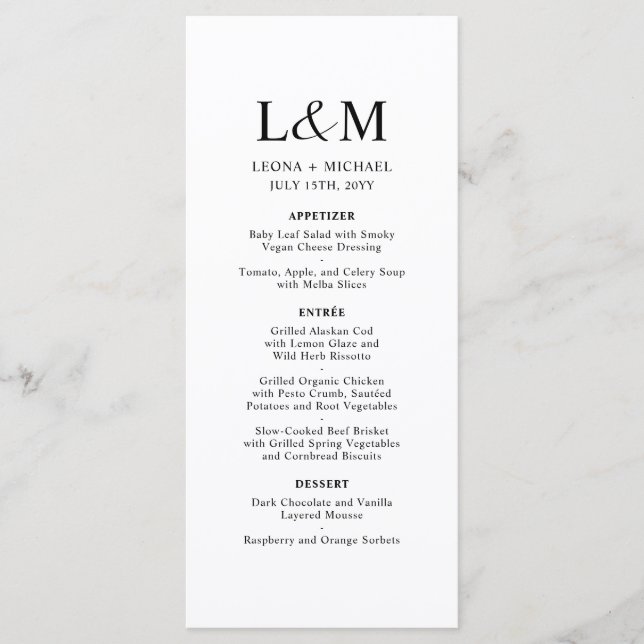 Menu Élégant minimaliste Monogramme Mariage blanc (Devant)