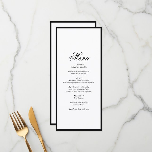 Menu Élégant minimaliste noir blanc Mariage (Devant/Arrière en situation)