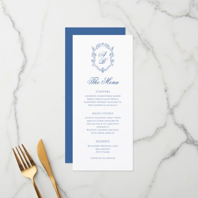 Menu Élégant Monogramme bleu Crest Mariage de script of (Devant/Arrière en situation)
