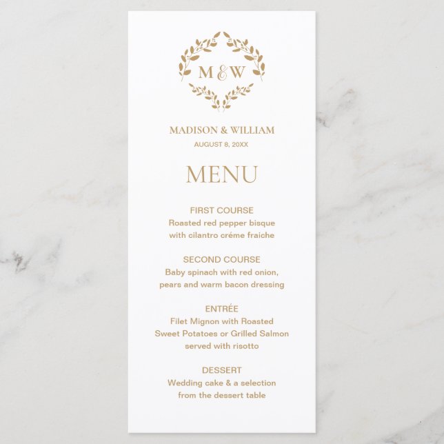 Menu Élégant Monogramme de couronne Mariage or (Devant)