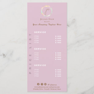 Menu Élégant Monogramme Holographique Liste de prix ros