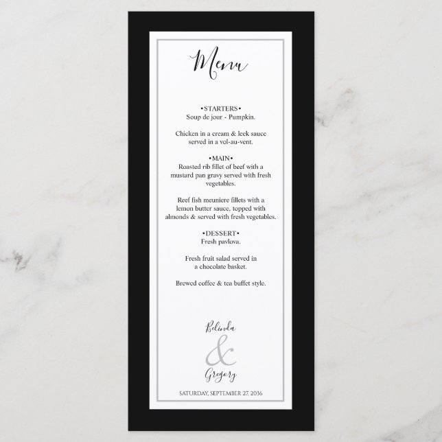 Menu Élégant Monogramme Mariage noir et blanc (Devant)