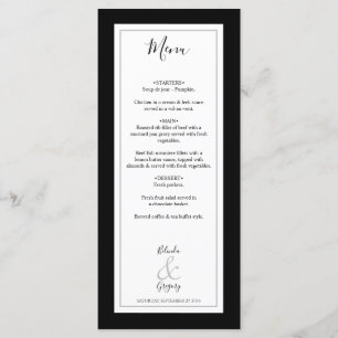 Menu Élégant Monogramme Mariage noir et blanc