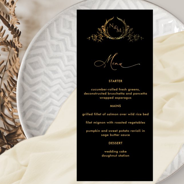 Menu Élégant Monogramme Mariage noir et or (Créateur téléchargé)