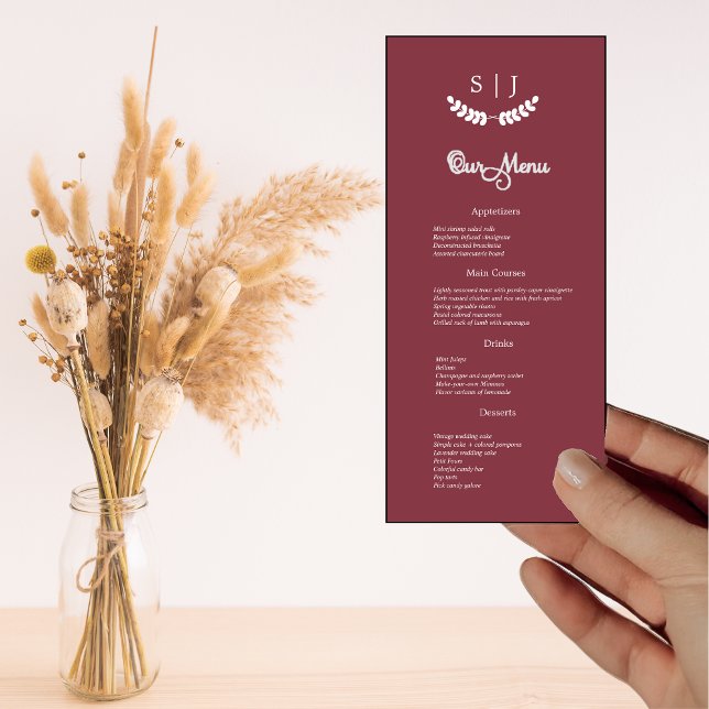 Menu Élégant Monogramme Rouge foncé Bijou Tone Dîner Me (Créateur téléchargé)