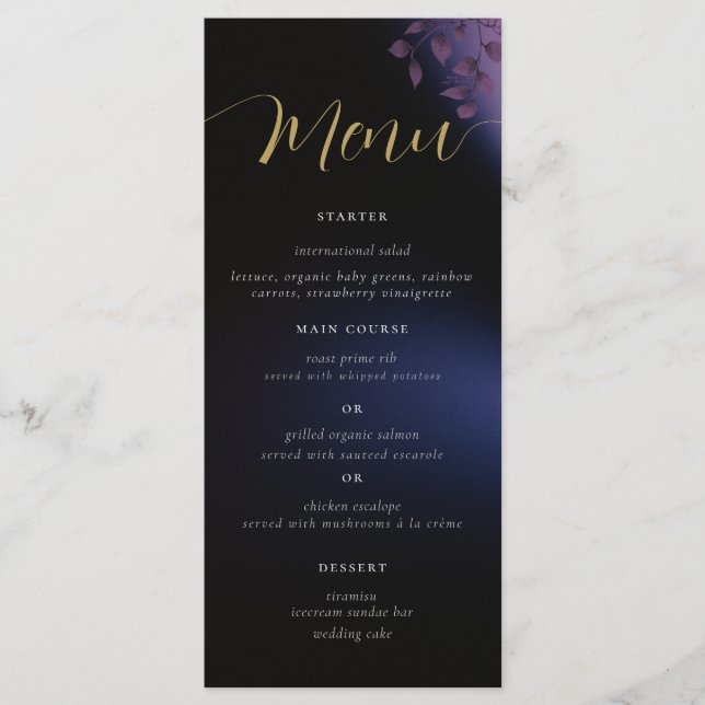 Menu Élégant Moody moderne Noir foncé violet Mariage (Devant)
