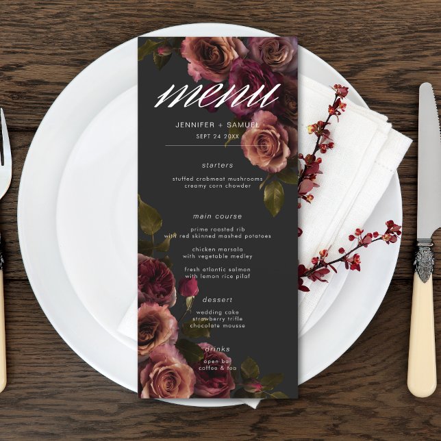Menu Elégant Moody Muted Rust & Burgundy Floral Mariage (Elegant Moody Muted Rust & Burgundy Floral Wedding Long Menu)