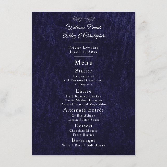 Menu Elegant Navy Blue White Welcome Dinner (Devant)