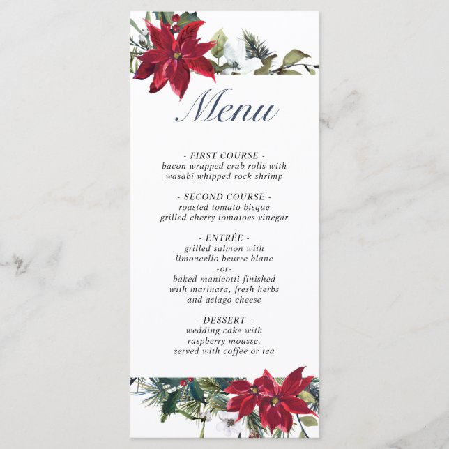 Menu Élégant Noël Rouge Poinsettia Mariage Dîner Me (Devant)