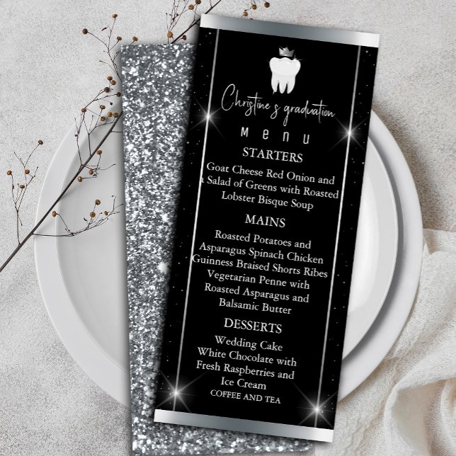 Menu Élégant noir argenté Étincelle Dentaire Graduation ("Elegant Black Silver Sparkle Dental Graduation Menu" dinner party)