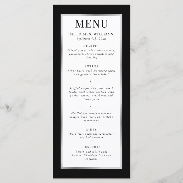 Menu Élégant noir blanc moderne et Mariage argent (Devant)