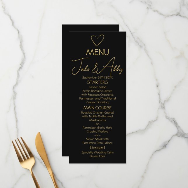 Menu Élégant noir brillant amour Mariage de coeur noir (Devant/Arrière en situation)