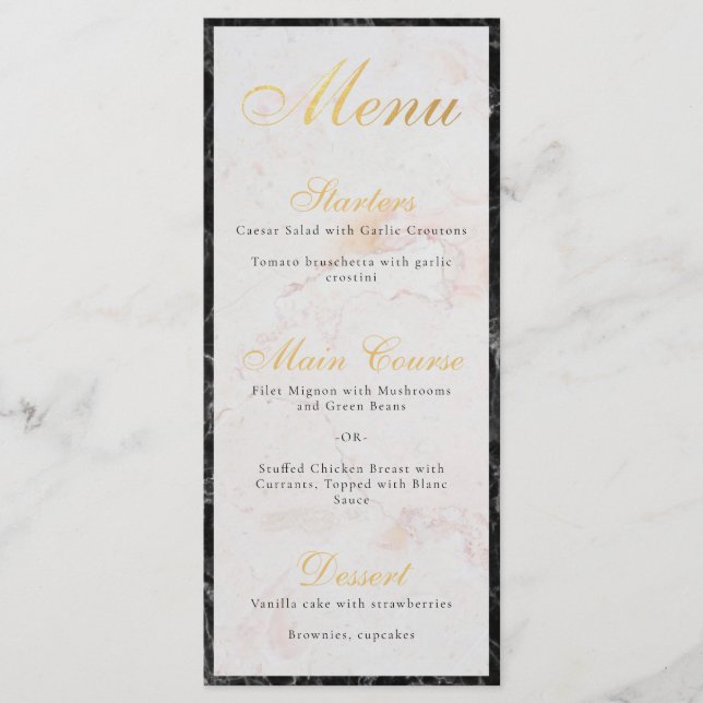 Menu Élégant noir marbre blanc Faux or Foil Script (Devant)