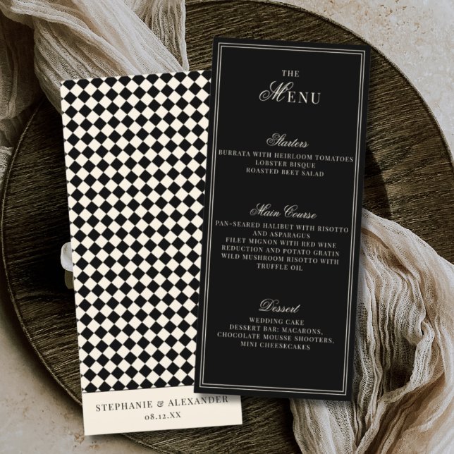 Menu Elegant Old Money Black Ivory Checkered Wedding (Créateur téléchargé)