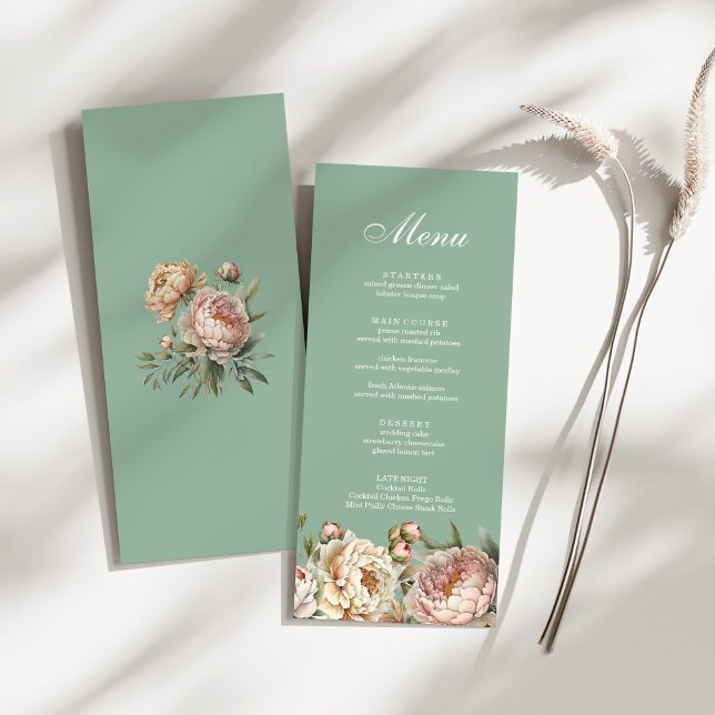 Menu Élégant Pastel Sage Vert Clush Peonies rose (Elegant Pastel Sage Green Blush Pink Peonies Menu on a sunny white table.)