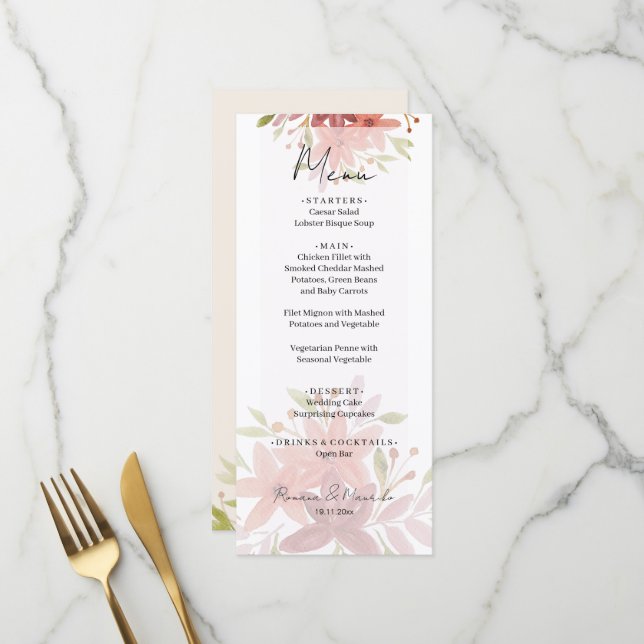Menu Elégant Pays Aquarelle Floral Terracotta Blush (Devant/Arrière en situation)
