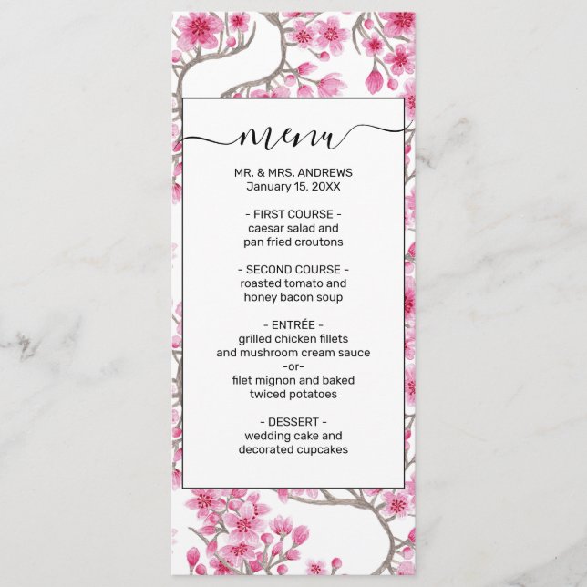 Menu Elegant Pink Cherry Blossom Floral Watercolor (Devant)