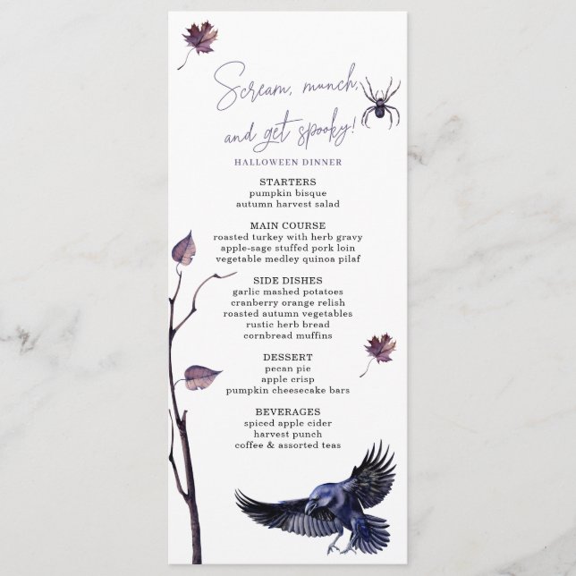 Menu Elegant Plum & Black Crow Halloween Party Dinner (Devant)
