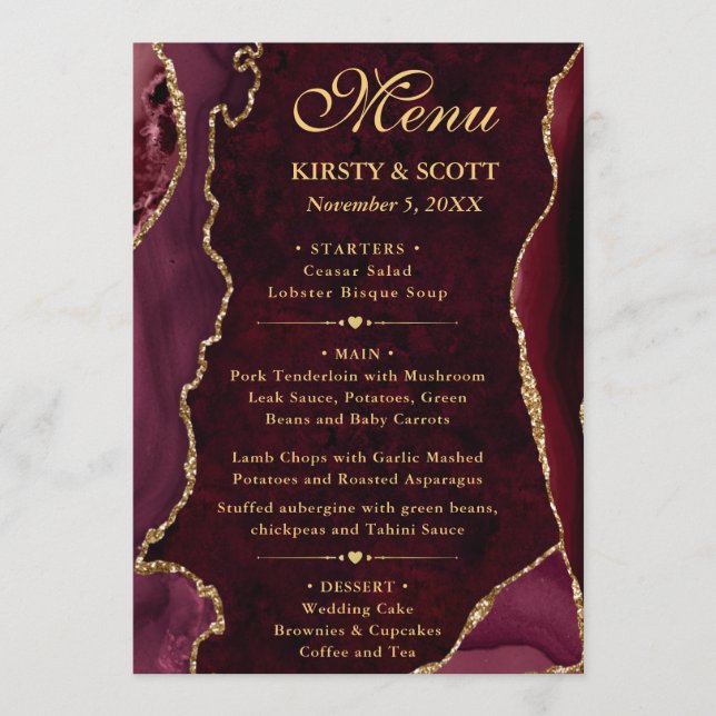 Menu Élégant Red & Gold Faux Parties scintillant Agate  (Devant)