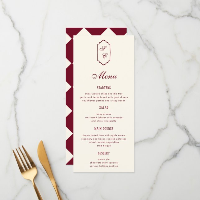 Menu Elegant Retro Checkered Burgundy Wedding (Devant/Arrière en situation)