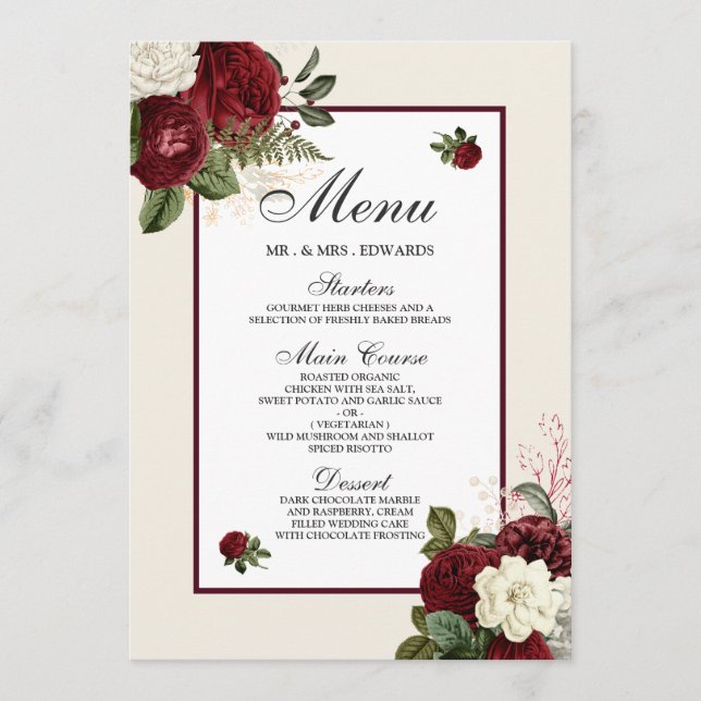 Menu Elégant Romantique Bourgogne Toutes les Occasions  (Devant)