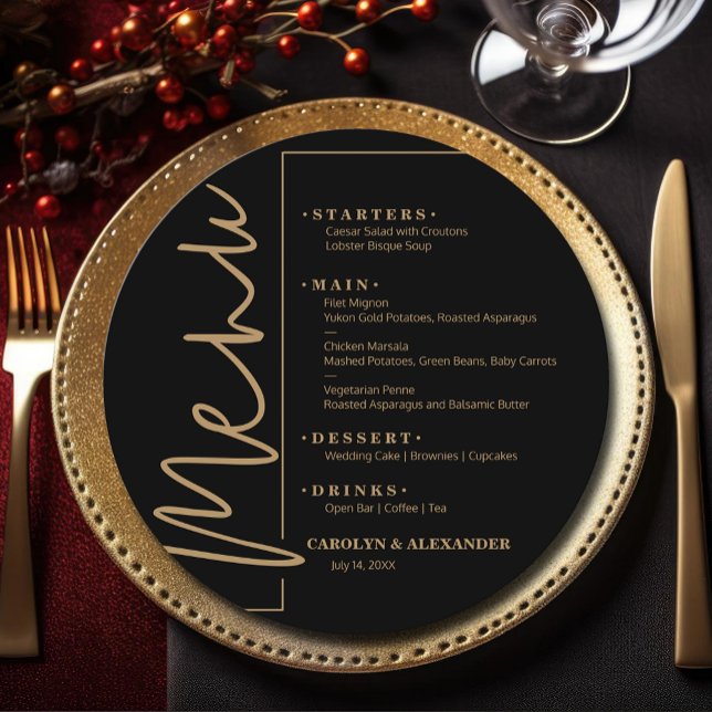 Menu Élégant Rond Noir et Or (Chic Black and Gold Round Menus)