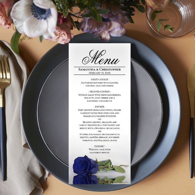 Menu Elégant Rose bleu marine avec Mariage de Réflexion (In Situ on Plate)