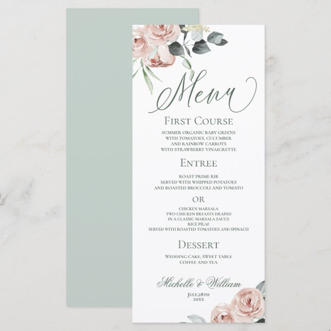 Menu Élégant Rose Dusty Mariage Eucalyptus (Devant / Derrière)