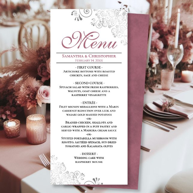 Menu Élégant Rose Dusty perce d'argent sur Mariage blan (Front/Back)