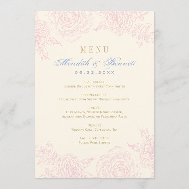 Menu Élégant Rose rose floral Mariage frontière (Devant)