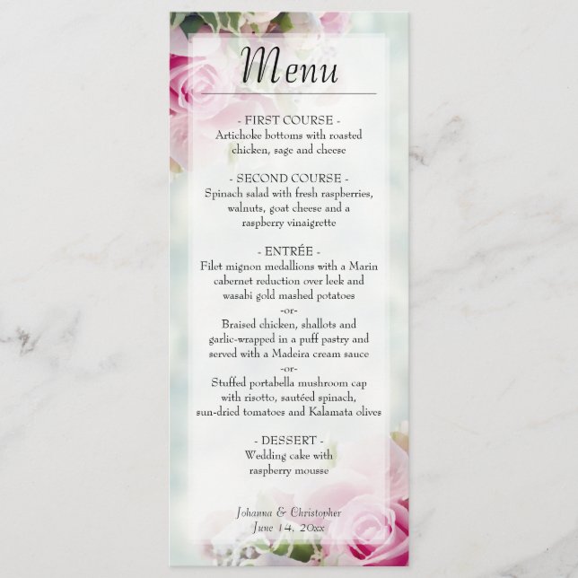 Menu Élégant rose Roses et Mariage de tourbillons de pi (Devant)