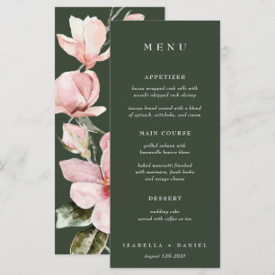 Menu Elégant Rose vert Aquarelle Magnolia Mariage