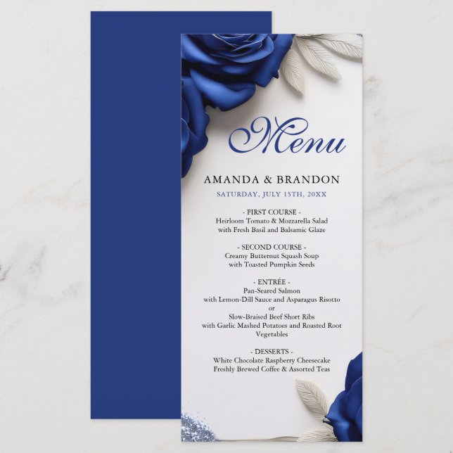 Menu Elégant Roses bleu marine et Mariage Parties scint (Devant / Derrière)