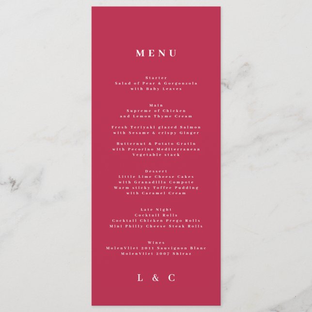 Menu Élégant rouge foncé Magenta Mariage classique (Devant)