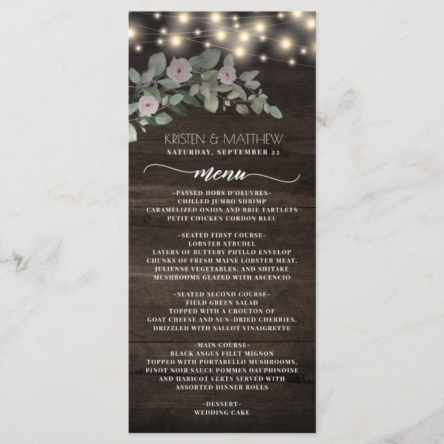 Menu Elegant Rustic Wood Lights Boho Greenery Wedding (Devant)