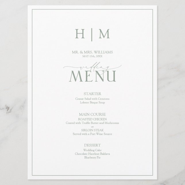 Menu Élégant Sage Green Calligraphie Monogramme Mariage (Devant)