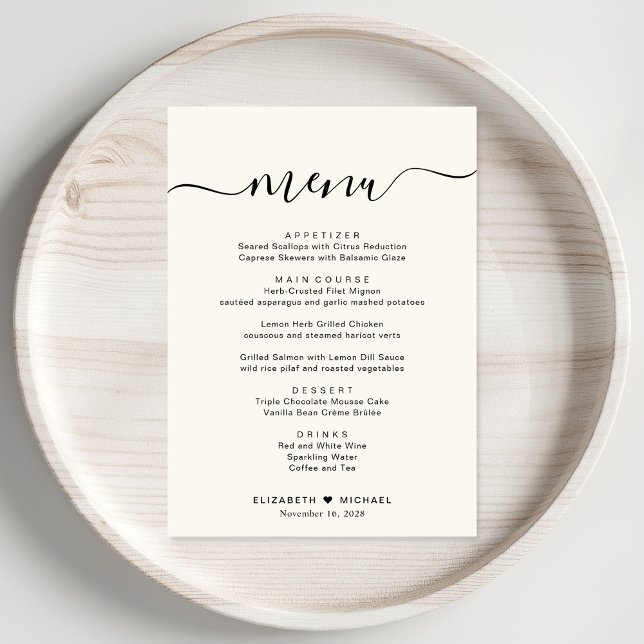 Menu Elégant Script Cream Wedding Réception (Créateur téléchargé)