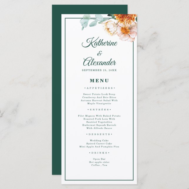 Menu Élégant Script Emerald Green Watercolor Mariage (Devant / Derrière)